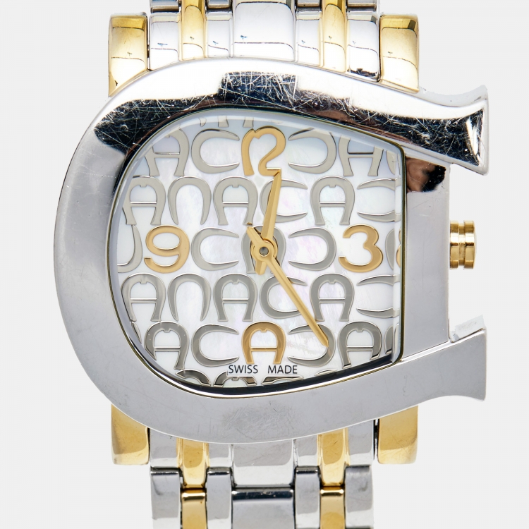 Pre Owned Aigner Mother of Pearl Two Tone Stainless Steel Genua Due A31600 Women's Wristwatch 31 mm