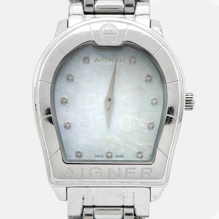Pre Owned Aigner Mother of Pearl Stainless Steel Verona A48100 Women's Wristwatch 33 mm