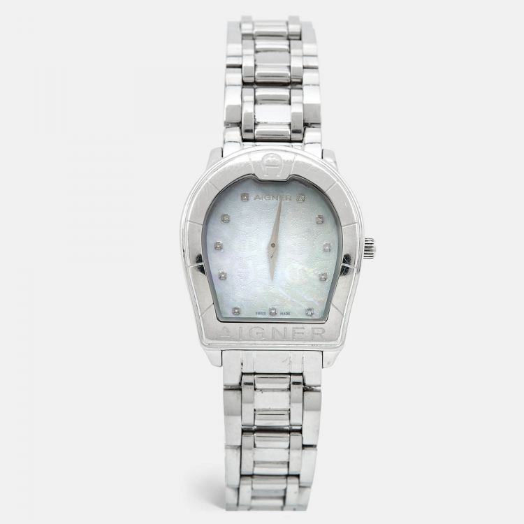 Pre Owned Aigner Mother of Pearl Stainless Steel Verona A48100 Women's Wristwatch 33 mm