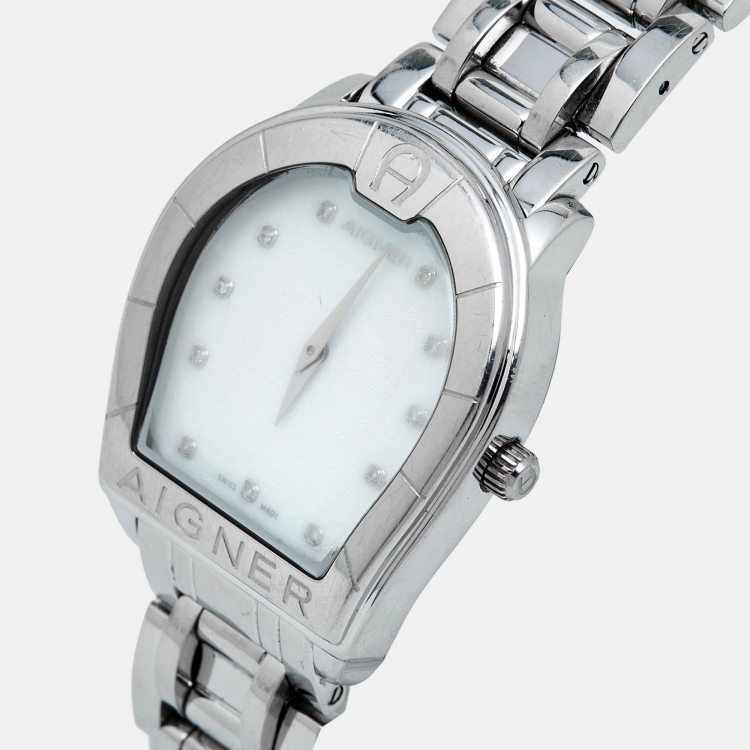 Pre Owned Aigner Mother of Pearl Stainless Steel Verona A48100 Women's Wristwatch 33 mm
