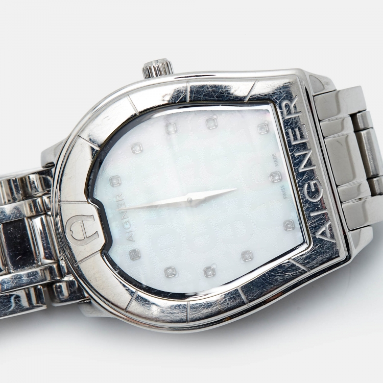 Pre Owned Aigner Mother of Pearl Stainless Steel Verona A48100 Women's Wristwatch 33 mm