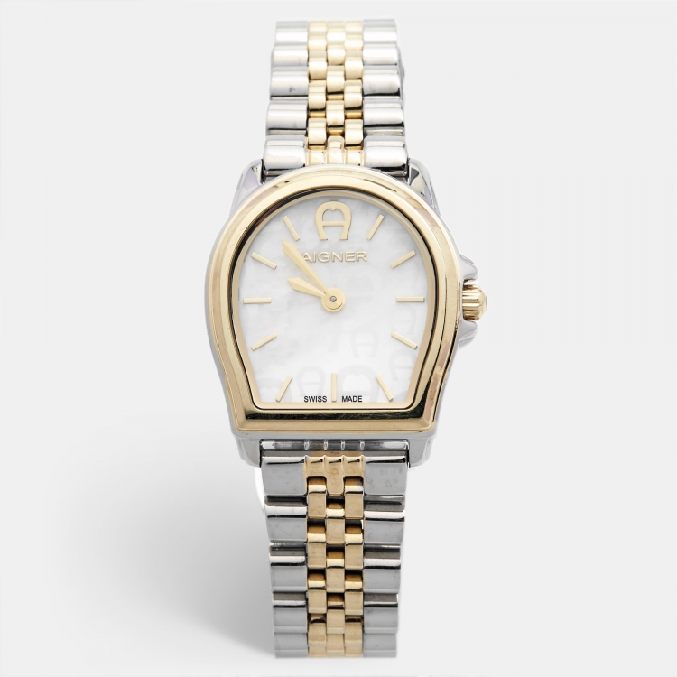 Pre Owned Aigner Mother of Pearl Two Tone Stainless Steel Verona 48100 Women's Wristwatch 26 mm