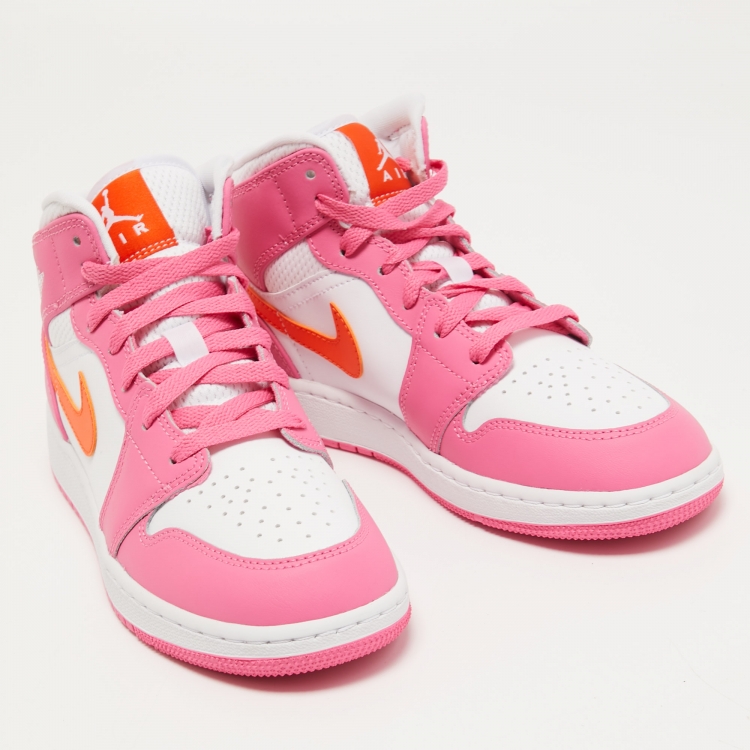 Pre Owned Air Jordan's Pink/White Fabric and Leather Jordan 1 Mid Sneakers Size 38