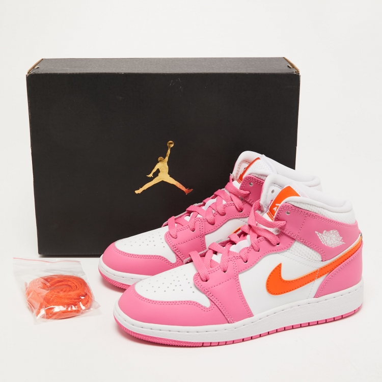 Pre Owned Air Jordan's Pink/White Fabric and Leather Jordan 1 Mid Sneakers Size 38
