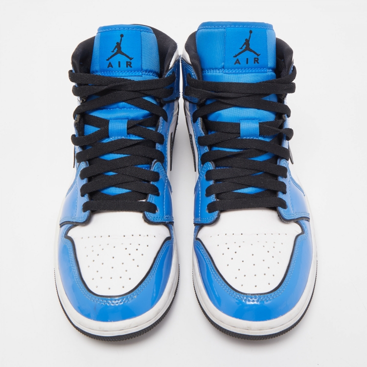 Pre Owned Air Jordans Tricolor Patent and Leather Air Jordan 1 Mid Signal Blue Sneakers Size 40