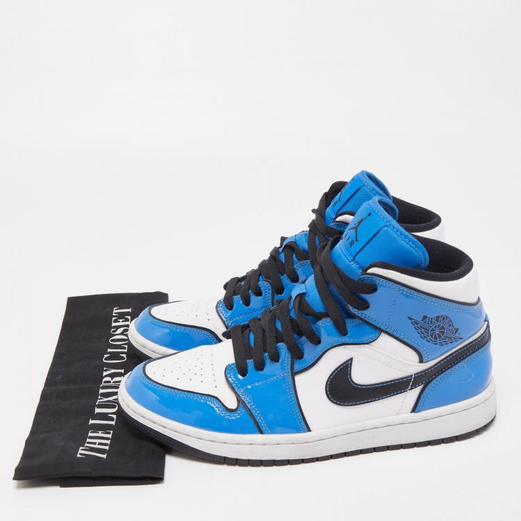Pre Owned Air Jordans Tricolor Patent and Leather Air Jordan 1 Mid Signal Blue Sneakers Size 40
