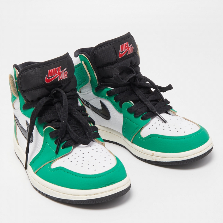 Pre Owned Air Jordans Tricolor Leather Air Jordan 1 Lucky Green Sneakers Size 37.5