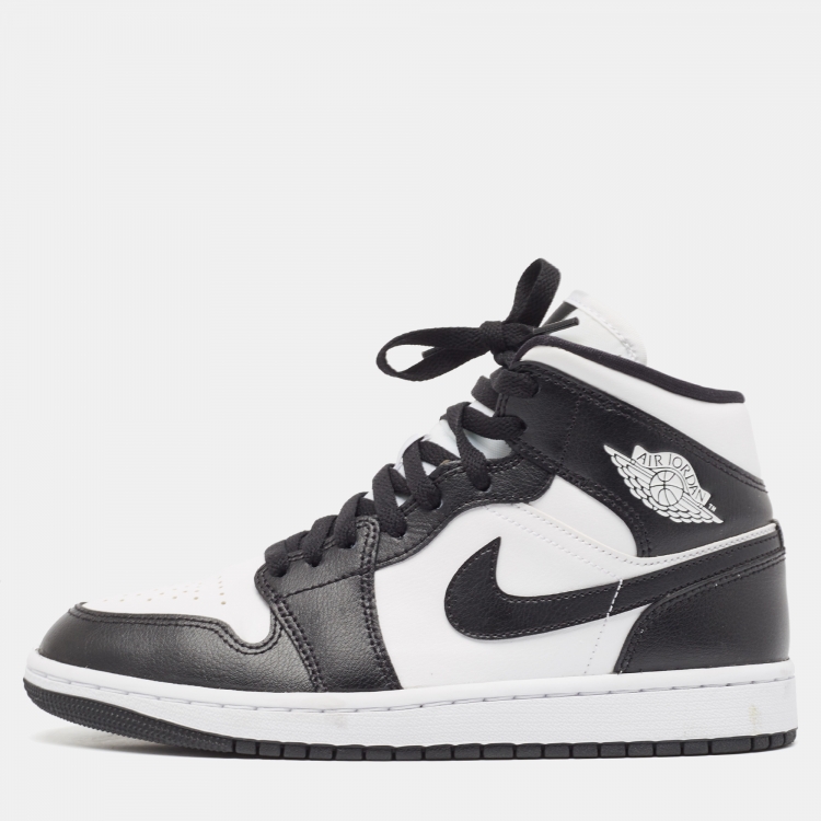 Pre Owned Air Jordans Black/White Leather Jordan 1 Mid Panda Sneakers Size 40
