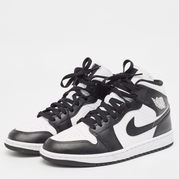 Pre Owned Air Jordans Black/White Leather Jordan 1 Mid Panda Sneakers Size 40