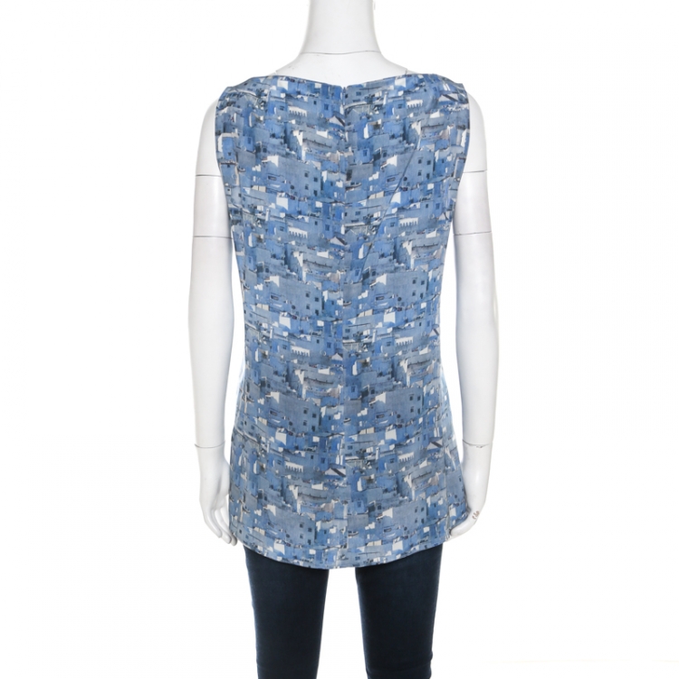 Pre Owned Akris Blue Marina Grande Print Silk Sleeveless Blouse M