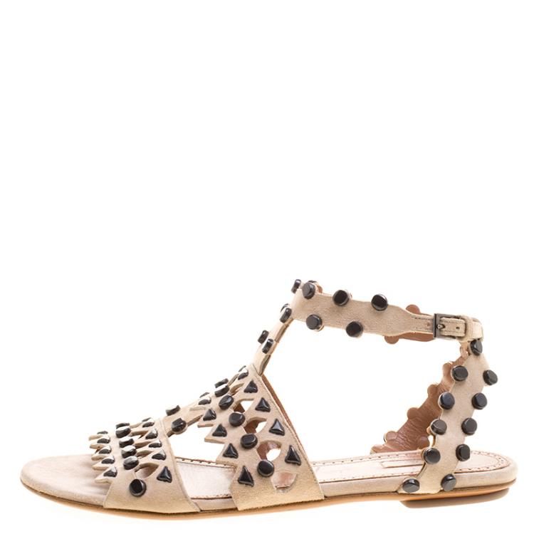 Pre Owned Alaia Beige Stud Embellished Cutout Suede Ankle Strap Flat Sandals Size 39