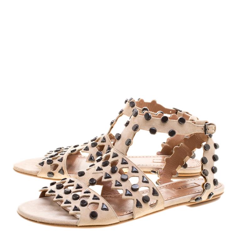 Pre Owned Alaia Beige Stud Embellished Cutout Suede Ankle Strap Flat Sandals Size 39