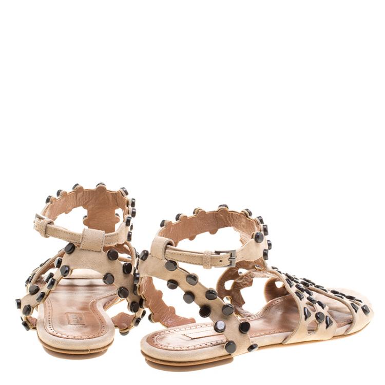 Pre Owned Alaia Beige Stud Embellished Cutout Suede Ankle Strap Flat Sandals Size 39
