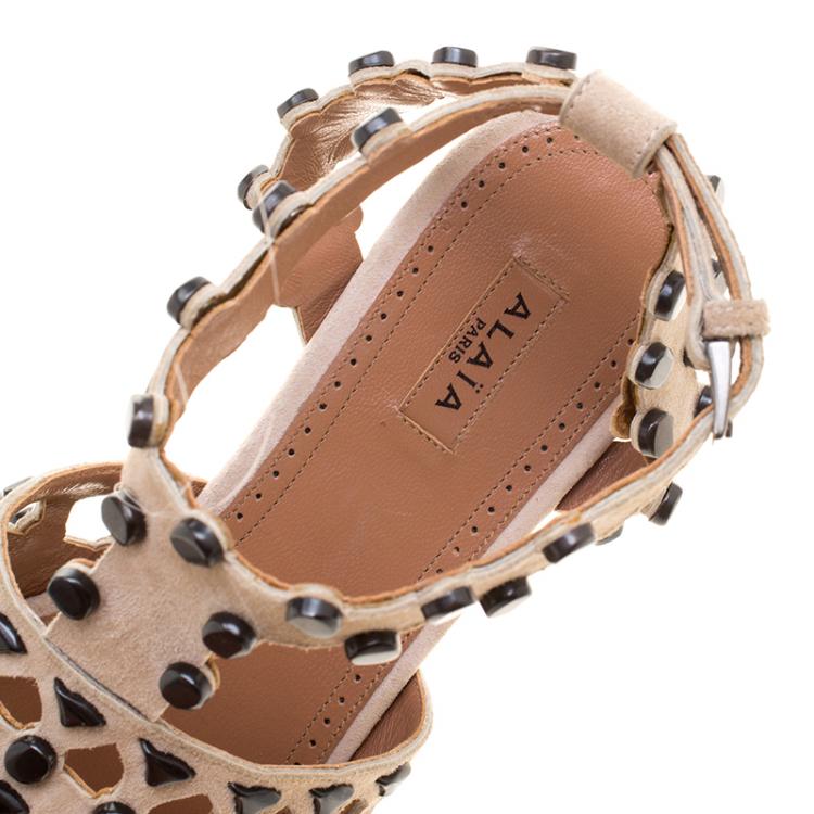 Pre Owned Alaia Beige Stud Embellished Cutout Suede Ankle Strap Flat Sandals Size 39