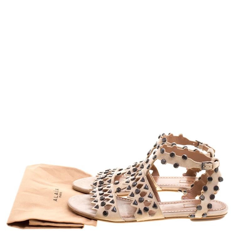 Pre Owned Alaia Beige Stud Embellished Cutout Suede Ankle Strap Flat Sandals Size 39