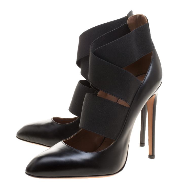 Pre Owned Alaia Black Leather Cross Elastic Strap Pumps Size 40