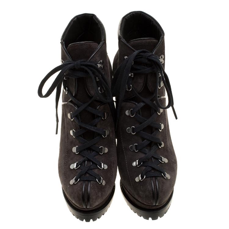 Pre Owned Alaia Grey Suede Velour Platform Lace Up Ankle Boots Size 37