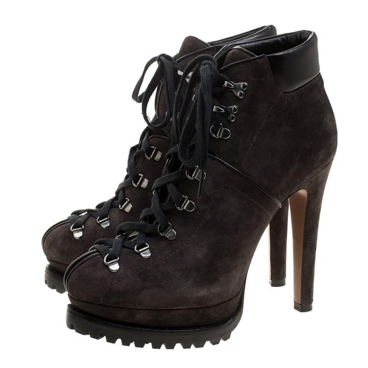 Pre Owned Alaia Grey Suede Velour Platform Lace Up Ankle Boots Size 37