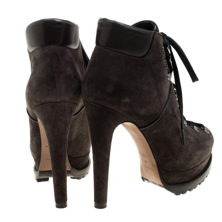 Pre Owned Alaia Grey Suede Velour Platform Lace Up Ankle Boots Size 37