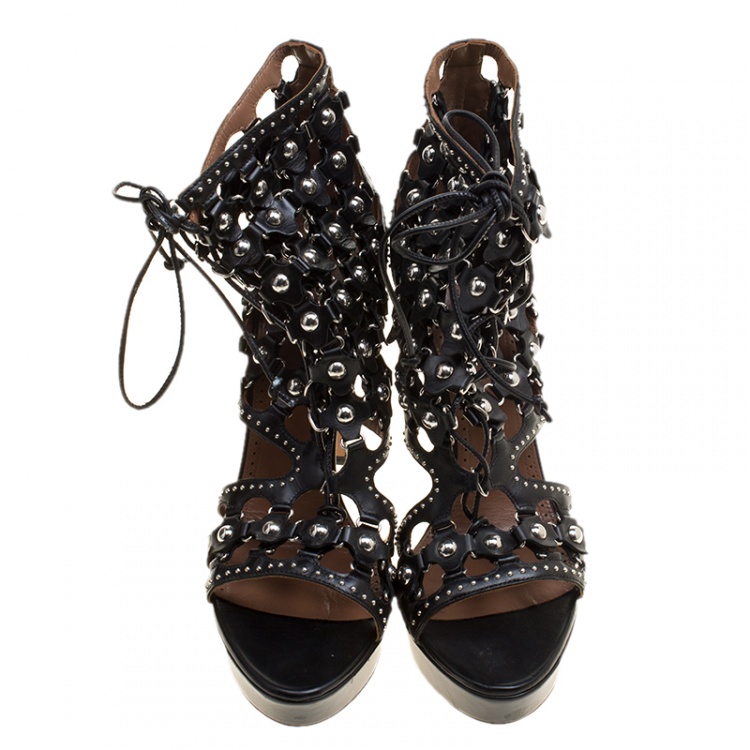 Pre Owned Alaia Black Studded Leather Lace Up Open Toe Platform Booties Size 41