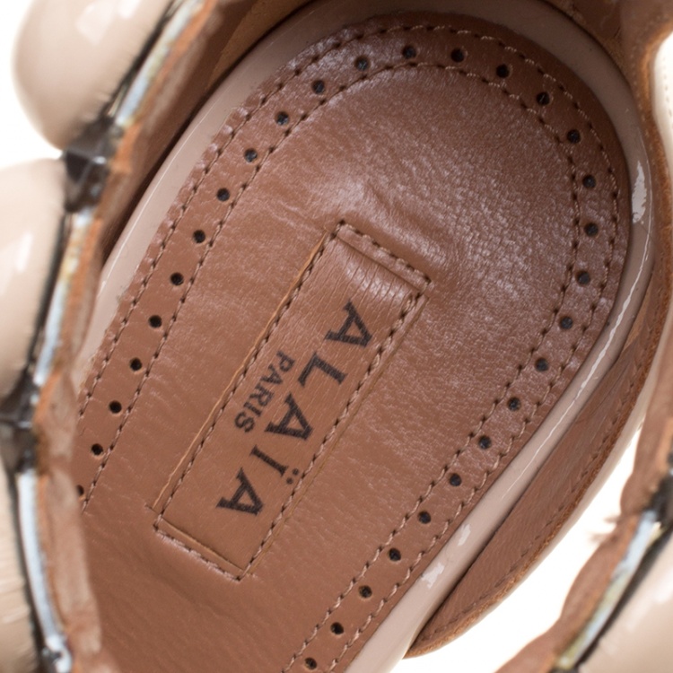 Pre Owned Alaia Beige Patent Leather Bombe Stud Embellished Open Toe Sandals Size 36