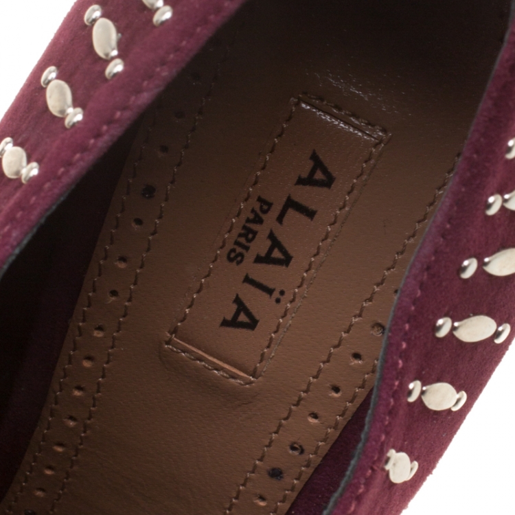 Pre Owned Alaia Burgundy Suede Stud Detail Booties Size 37