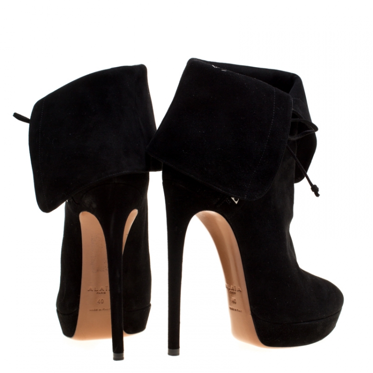 Pre Owned Alaia Black Suede Ankle Cuff Side Lace Up Ankle Boots Size 40