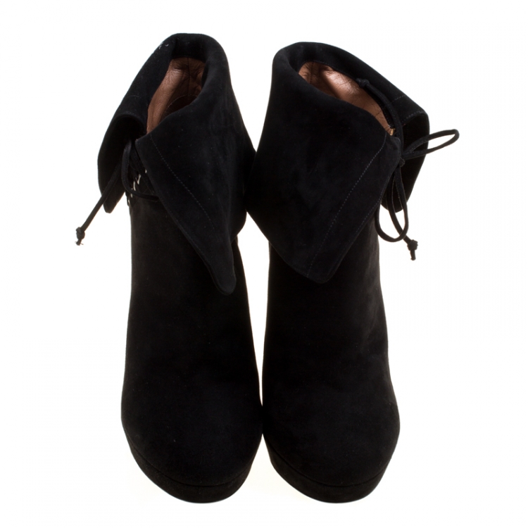 Pre Owned Alaia Black Suede Ankle Cuff Side Lace Up Ankle Boots Size 40