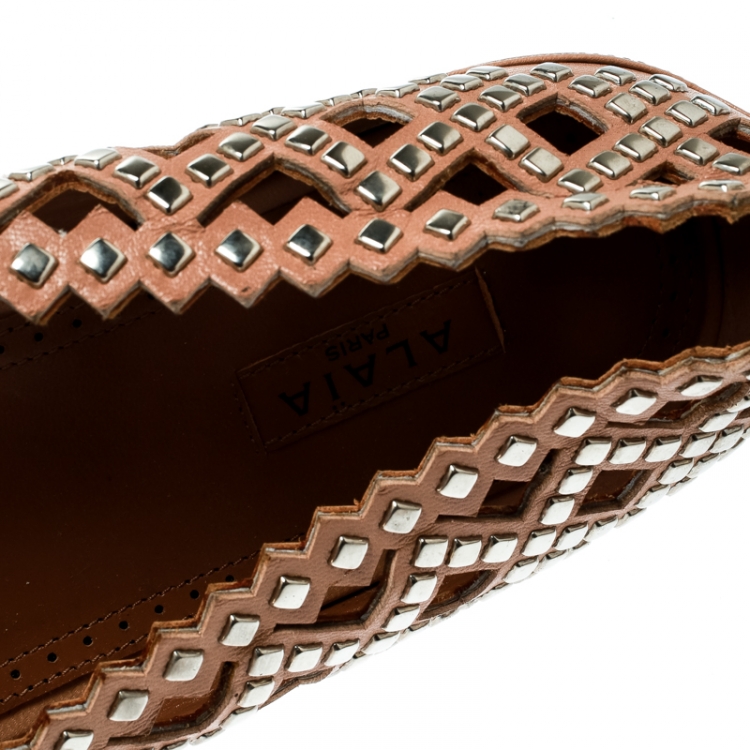 Pre Owned Alaia Beige Studded Cut Out Leather Ballet Flats Size 38