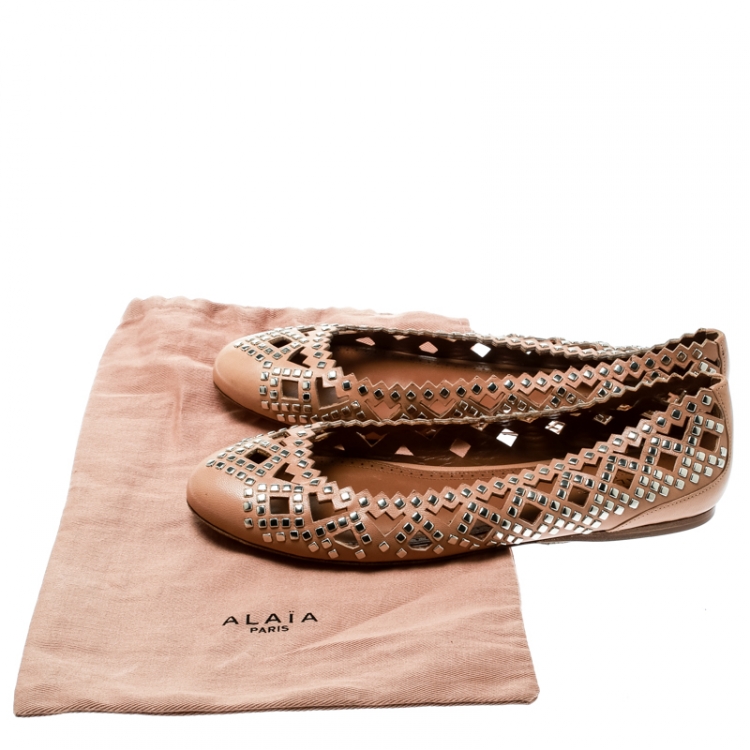Pre Owned Alaia Beige Studded Cut Out Leather Ballet Flats Size 38