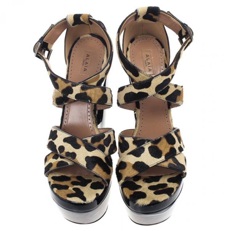 Pre Owned Azzedine Alaia Pony Hair Ankle Strap Frame Wedges Size 38