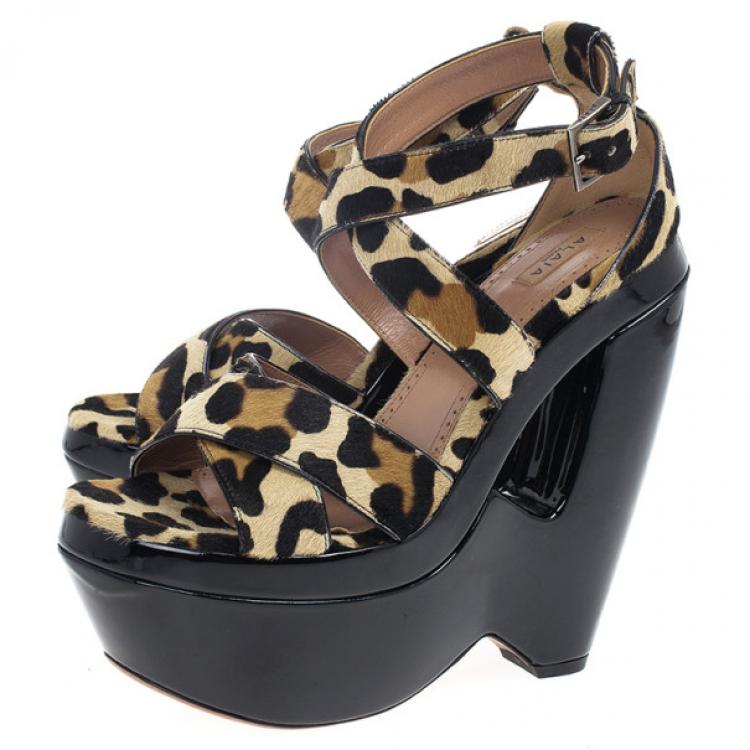 Pre Owned Azzedine Alaia Pony Hair Ankle Strap Frame Wedges Size 38