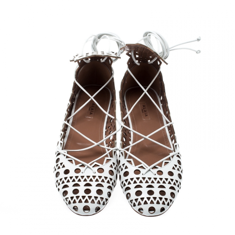 Pre Owned Alaia White Cutout Leather Lace Up Ballet Flats Size 38.5