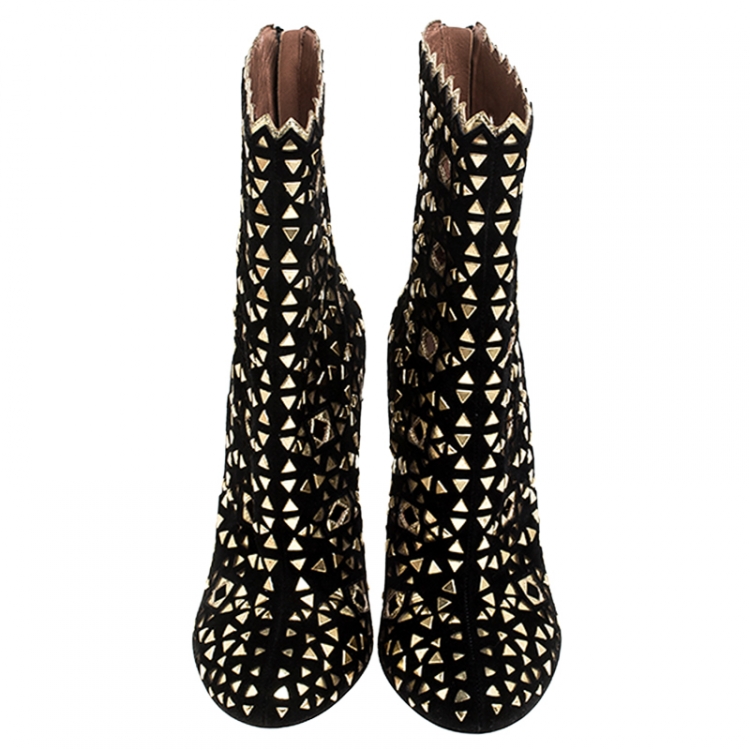 Pre Owned Alaia Black Suede Embellished Lazer Cut Ankle Boots Size 39