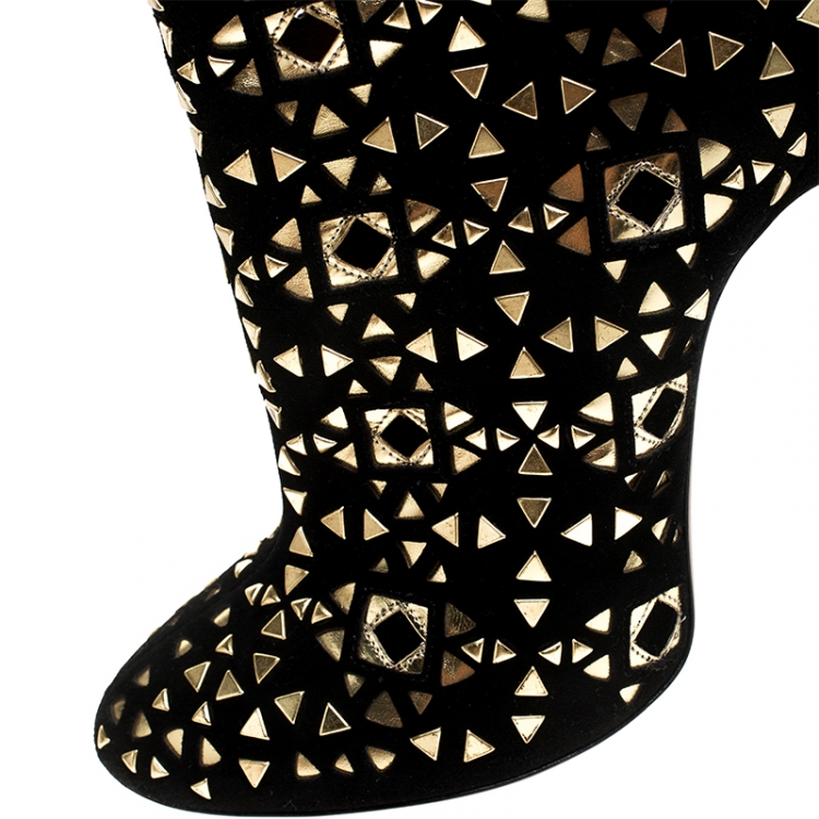 Pre Owned Alaia Black Suede Embellished Lazer Cut Ankle Boots Size 39
