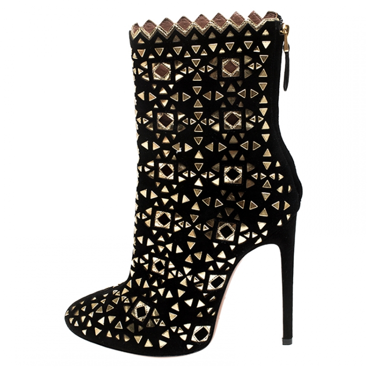 Pre Owned Alaia Black Suede Embellished Lazer Cut Ankle Boots Size 39
