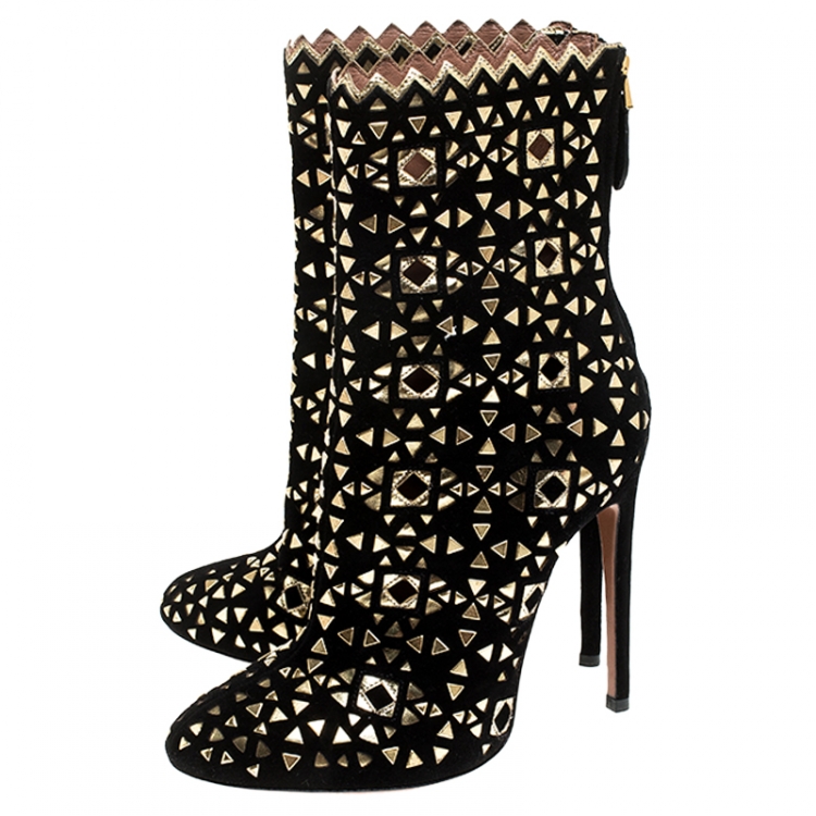 Pre Owned Alaia Black Suede Embellished Lazer Cut Ankle Boots Size 39