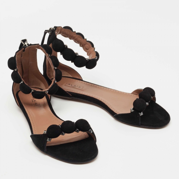 Pre Owned Alaia Black Suede Bombe Ankle Strap Flat Sandals Size 38.5