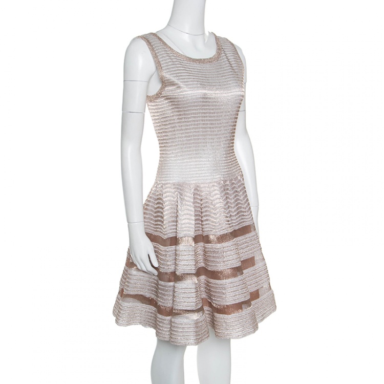Pre Owned Alaia Gold Striped Knit Sleeveless Fit and Flare Dress L