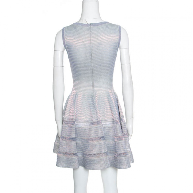 Pre Owned Alaia Silver Striped Knit Sleeveless Fit and Flare Dress M
