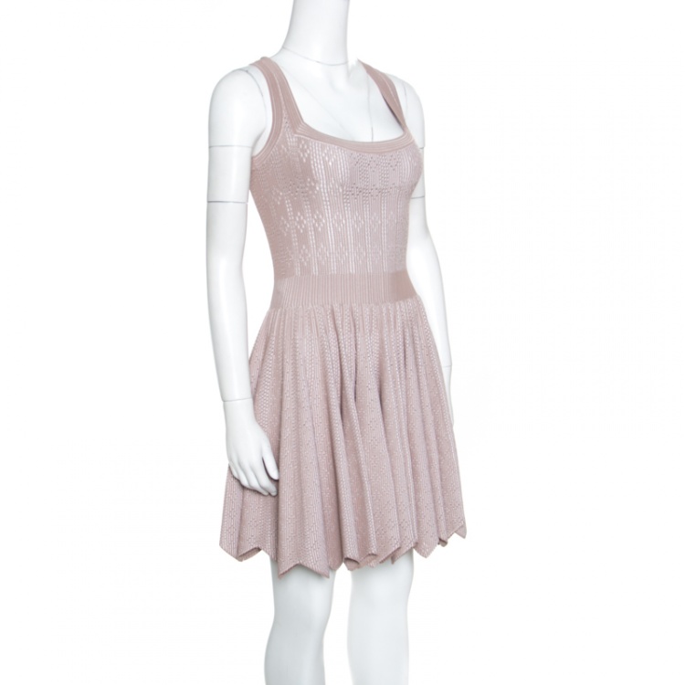 Pre Owned Alaia Beige Perforated Knit Zig Zag Bottom Square Neck Mantille Dress M