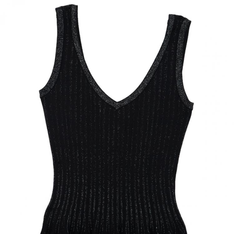 Pre Owned Azzedine Alaia Black Striped Stretch-Knit Dress S