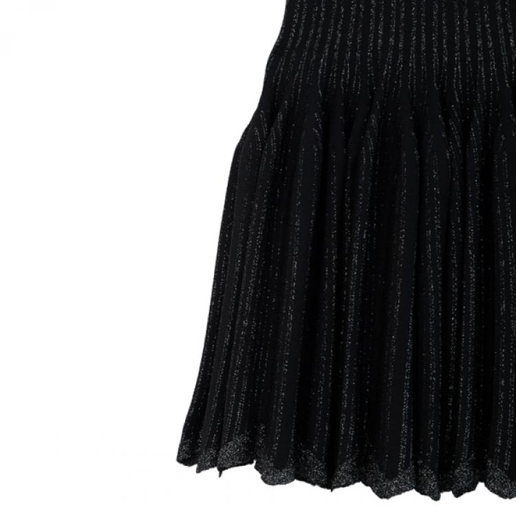 Pre Owned Azzedine Alaia Black Striped Stretch-Knit Dress S