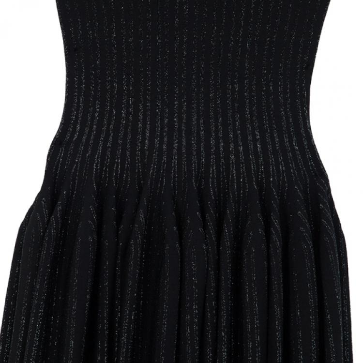 Pre Owned Azzedine Alaia Black Striped Stretch-Knit Dress S