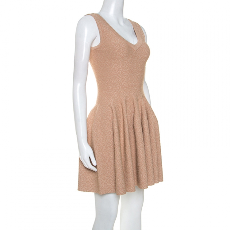 Pre Owned Alaia Beige Jacquard Knit Sleeveless Skater Dress S 