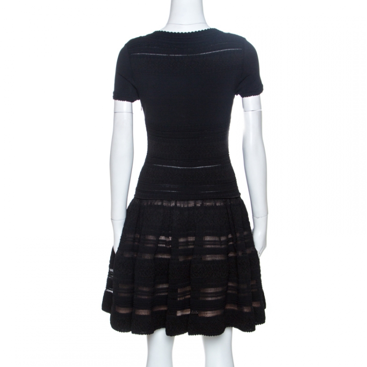 Pre Owned Alaia Black Textured Pointelle Knit Fit and Flare Dress M