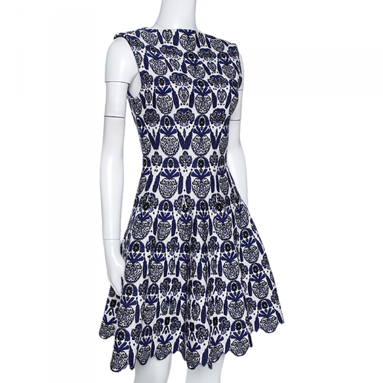 Pre Owned Alaia Blue and White Wool Jacquard Knit Scalloped Hem Dress S