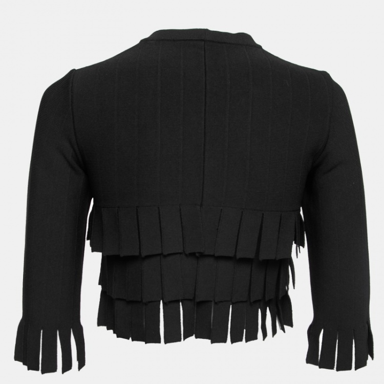 Pre Owned Alaia Black Ribbed-Knit Fringed Cropped Top M  