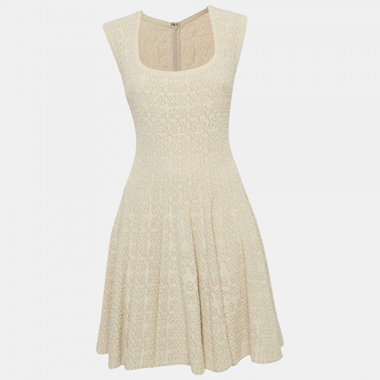 Pre Owned Alaia Beige Tweed Cropped Cardigan and Flared Mini Dress Set L