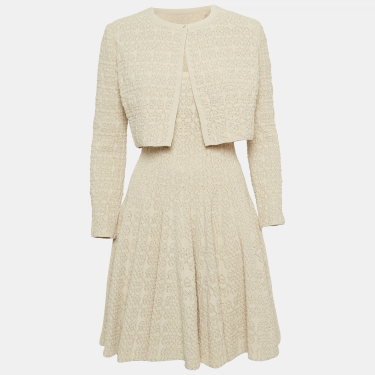 Pre Owned Alaia Beige Tweed Cropped Cardigan and Flared Mini Dress Set L